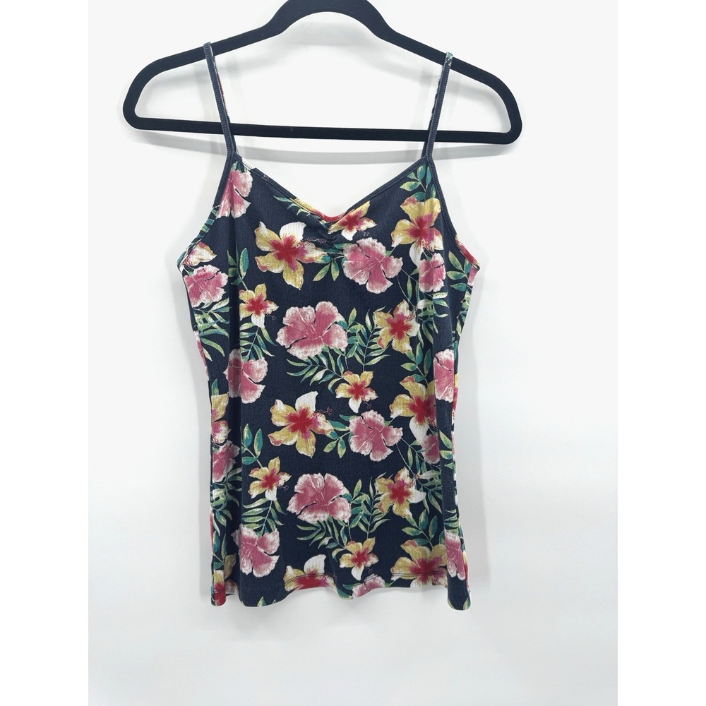 Tropical Floral Cotton Cami Ruched Tank Top Large Stretch Cottage Festival Beach